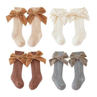 Baynoyia 0-5T Baby Girl Knee High Socks with Velvet Bows 4 Pairs Cotton Rib Knit Long Socks Infants Toddlers (Khaki White Coffee Grey, 1-3 Years)