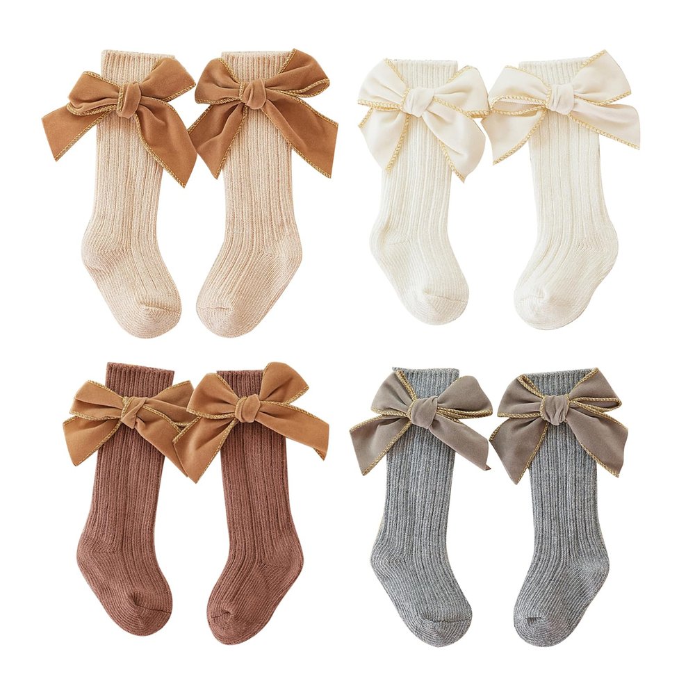 Baynoyia 0-5T Baby Girl Knee High Socks with Velvet Bows 4 Pairs Cotton Rib Knit Long Socks Infants Toddlers (Khaki White Coffee Grey, 1-3 Years)