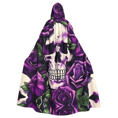 KOUUIP many Purple Rose Skull Print Adults Hooded Cloak With Halloween Christmas Witch Cape Robe Costume Party Supplies Cope