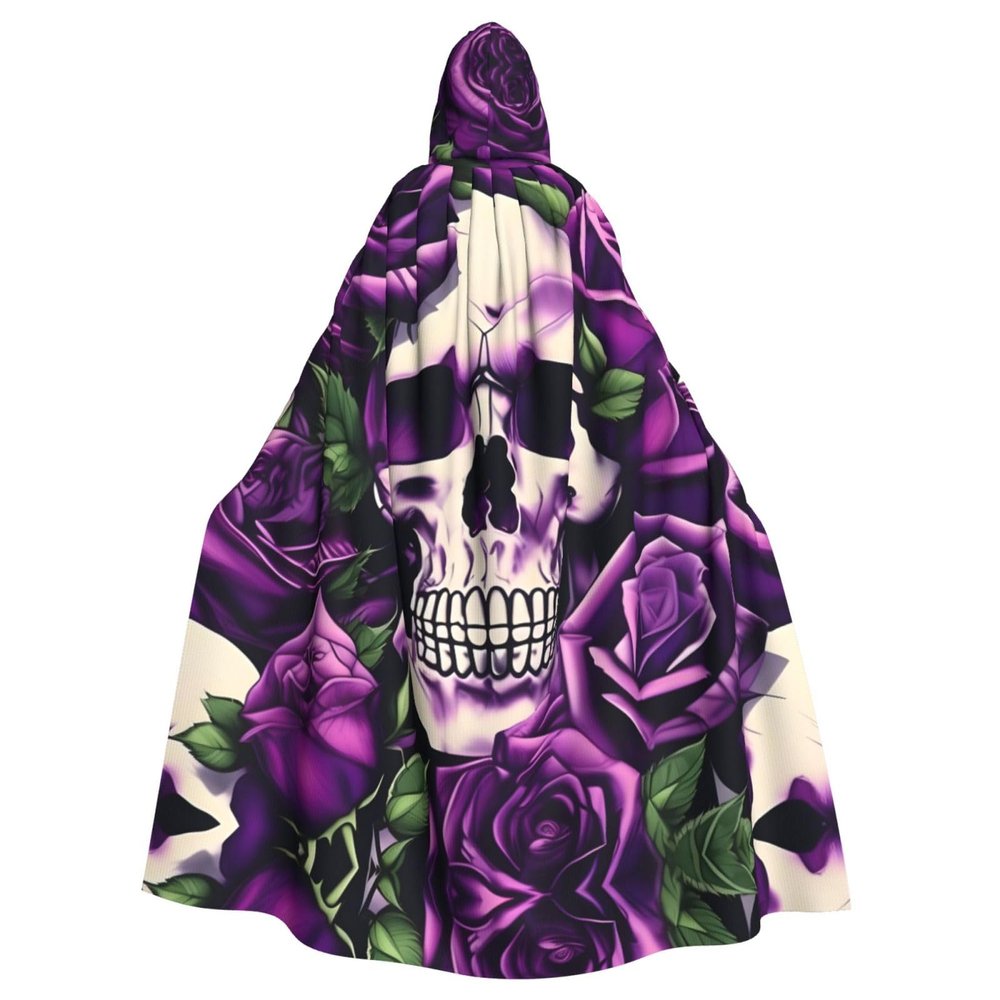 KOUUIP many Purple Rose Skull Print Adults Hooded Cloak With Halloween Christmas Witch Cape Robe Costume Party Supplies Cope 