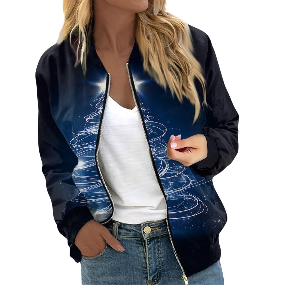 JWNYJFB Womens Christmas Outfit Cute Santa Printed Xmas Holiday Sweater 2024 Oversized Zip Up Long Sleeve Winter Fashion Quilted Cardigan Coat 02Navy, X-Large