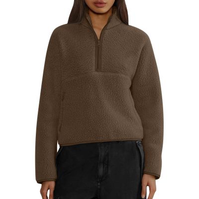Gumipy Sherpa Jacket Women Stand Collar Quarter Zip Pullover Trendy Fleece Cropped Jacket Casual Long Sleeve Sweatshirt Tops with Pockets Comfy Winter Coats Women Lightweight Coats