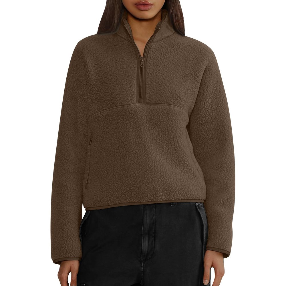 Gumipy Sherpa Jacket Women Stand Collar Quarter Zip Pullover Trendy Fleece Cropped Jacket Casual Long Sleeve Sweatshirt Tops with Pockets Comfy Winter Coats Women Lightweight Coats