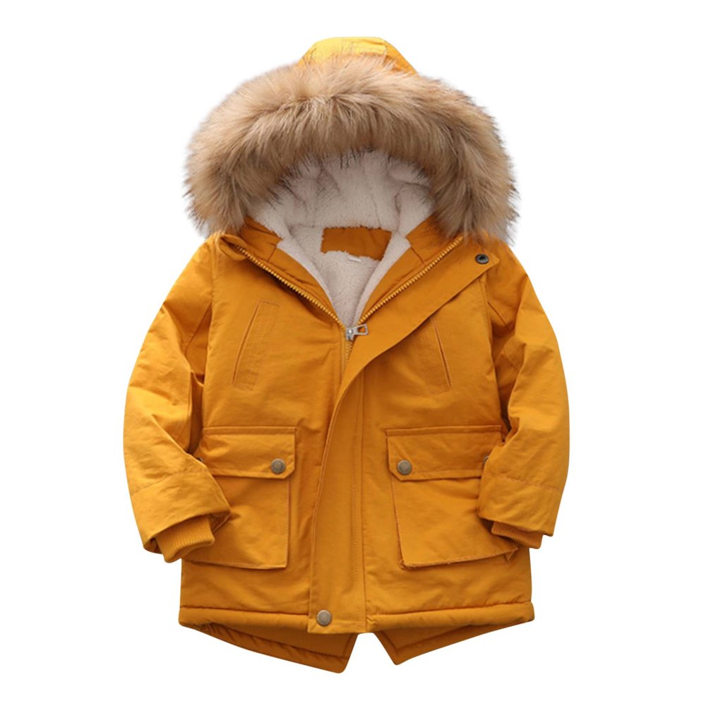 Water-proof Hooded Quilted Girls Thick Lined Jacket Winter Winter Pu-ffer Girls Girls' Outerwear (Yellow, 6-7 Years)