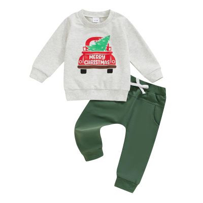 Socutebabe Toddler Baby Boys Christmas Outfit Farm Fresh Christmas Trees Crewneck Sweatshirt Long Sleeve Shirt Pants Clothes (Tree Car -Green, 2-3 Years)