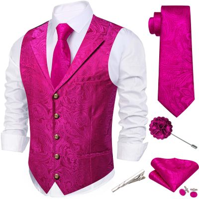 Barry.Wang Hot Pink Vest for Men Lapel Collar Vest Tie Brooch Set Business/Leisure Paisley Vests Wedding Tuxedo Waistcoat