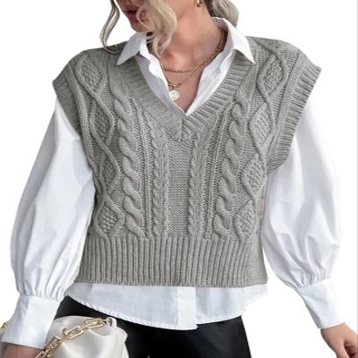 Vests for Women V Neck Trendy Sweater Vest Cable Knit Sleeveless Silver Gray Cropped Ribbed Preppy Tops M