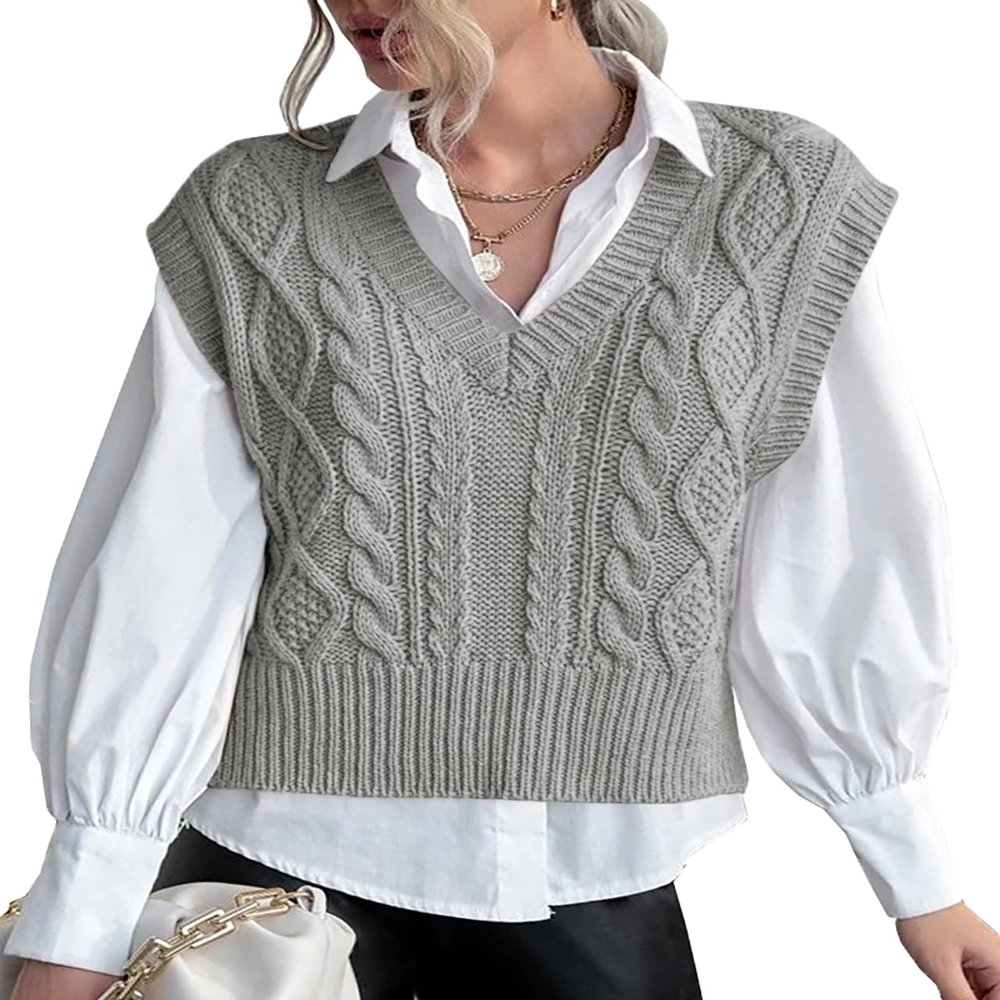 Vests for Women V Neck Trendy Sweater Vest Cable Knit Sleeveless Silver Gray Cropped Ribbed Preppy Tops M