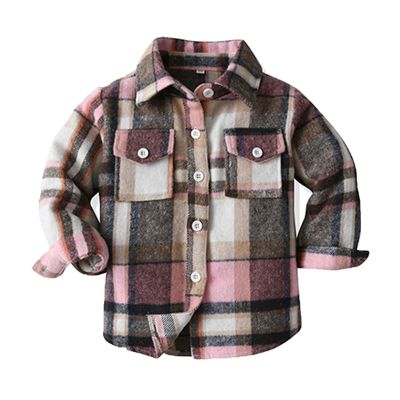Boys Girls Plaid Shirt Jacket Long Sleeve Flannel Lapel Button Down Pocketed Shirts Regular Fit (Hot Pink, 9-10 Years)
