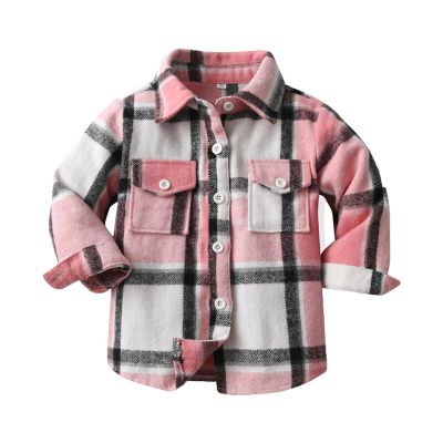 Boys Girls Plaid Shirt Jacket Long Sleeve Flannel Lapel Button Down Pocketed Shirts Regular Fit Casual (Pink, 7-8 Years)
