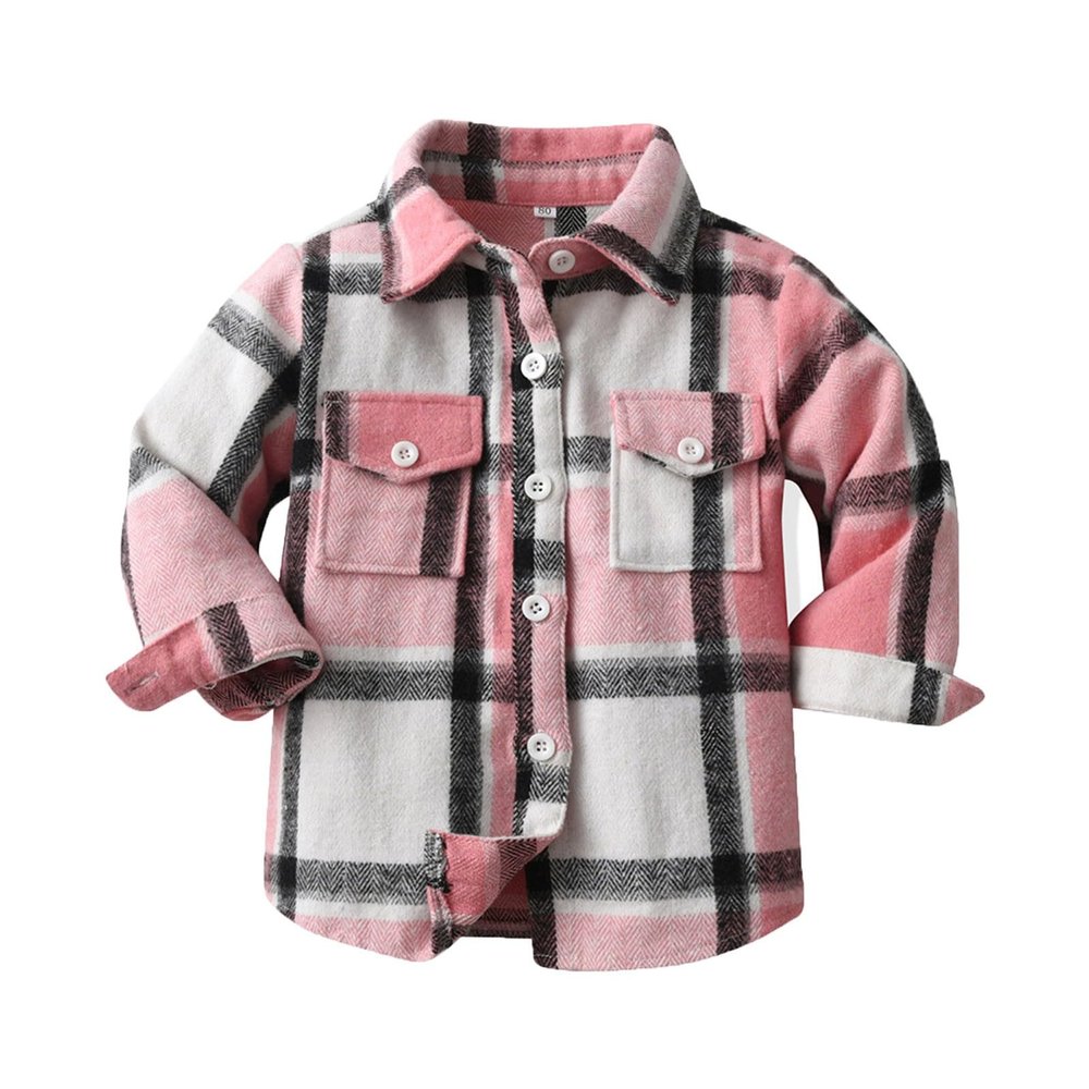 Boys Girls Plaid Shirt Jacket Long Sleeve Flannel Lapel Button Down Pocketed Shirts Regular Fit Casual (Pink, 7-8 Years)