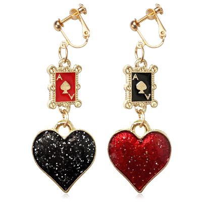 Queen of Hearts Dangle Clip on Earrings Non Pierced for Women,Unique Playing Card Red Heart Queen Poker Earrings for Women,Gold Asymmetric Rabbit Long Clock Poker Dangle Earrings Queen Hearts Jewelry