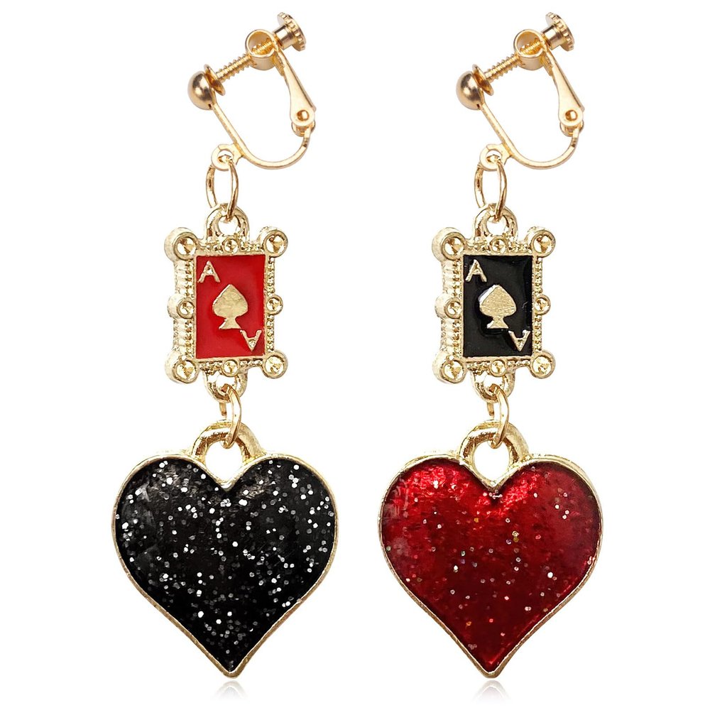 Queen of Hearts Dangle Clip on Earrings Non Pierced for Women,Unique Playing Card Red Heart Queen Poker Earrings for Women,Gold Asymmetric Rabbit Long Clock Poker Dangle Earrings Queen Hearts Jewelry