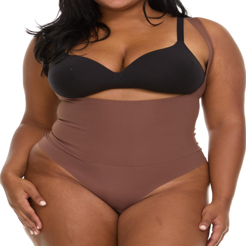 Shapewear Tummy Control Bodysuit for Women - Featherweight Scuba Suit Body Shaper for Snatched Waist, Sculpting & Slimming Compression - Open Bust Thong, Wear Your Own Bra - Nude (S)