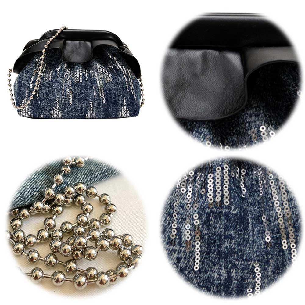 ALINUOYQ Denim Women Clutch Purse Sequin Handbag Chain Evening Bag Hobo Bag Wedding Party Bridal Purse (Black)