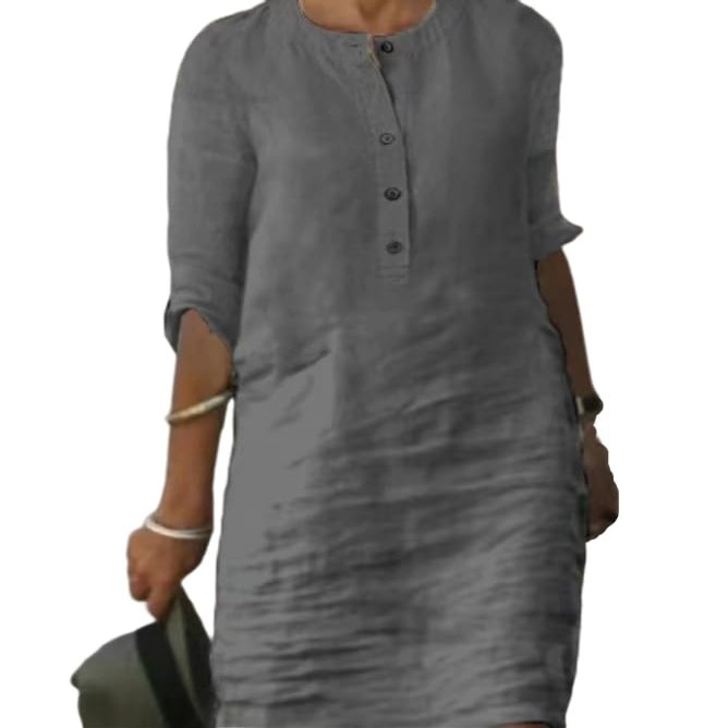 Akivide Womens Cotton Linen Half Sleeve Dress Summer Casual Crew Neck Button Linen Knee Length Dress Loose Solid Midi Dress