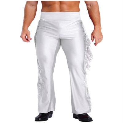 Sinleey Men High Waist Fringe Flared Pants Ballroom Dance Pants Modern Dance Pants Disco Trousers White Large