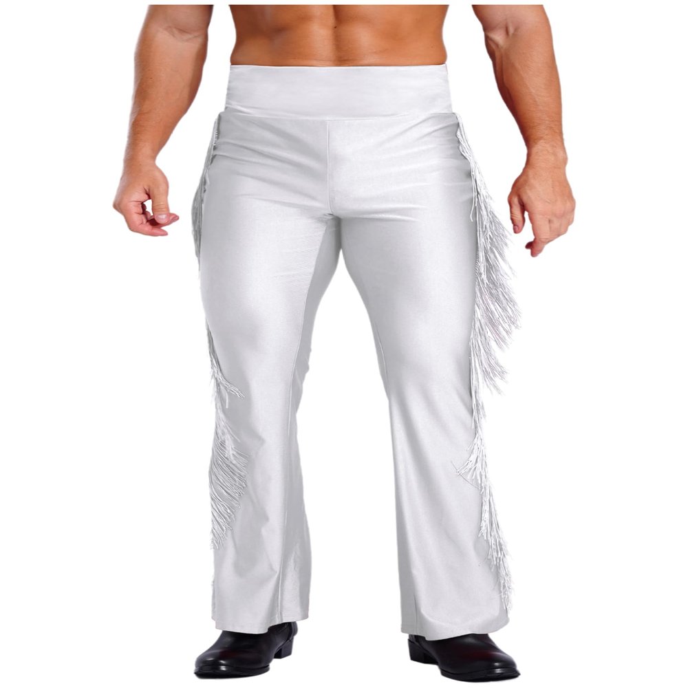 Sinleey Men High Waist Fringe Flared Pants Ballroom Dance Pants Modern Dance Pants Disco Trousers White Large