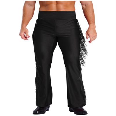 Sinleey Men High Waist Fringe Flared Pants Ballroom Dance Pants Modern Dance Pants Disco Trousers Black X-Large