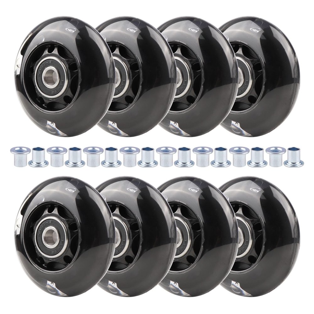 Wheelgoo 8pcs Inline Skate Wheels Led Light-Up Wheels 64/70/72/76/80mm w/Bushings 85-88A for Kids and Youth Beginners Children's Inline Skates Indoor/Outdoor Use (Black, 64mm)