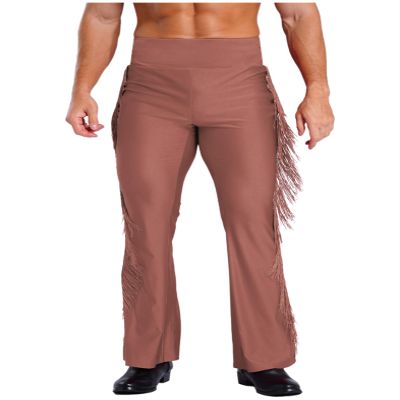 Sinleey Men High Waist Fringe Flared Pants Ballroom Dance Pants Modern Dance Pants Disco Trousers Dusty Pink Large