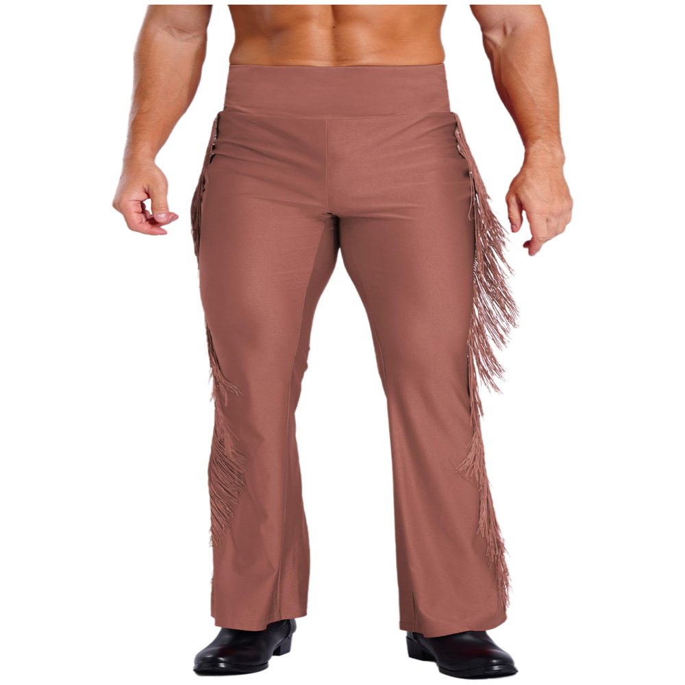 Sinleey Men High Waist Fringe Flared Pants Ballroom Dance Pants Modern Dance Pants Disco Trousers Dusty Pink Large