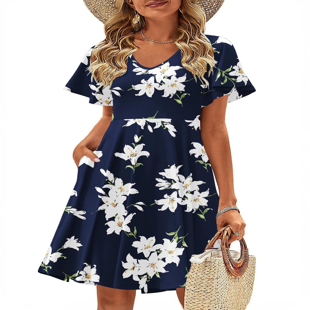 Zeagoo Navy Floral Women's 2026 Summer Trendy V Neck Swing Ruffle Short Sleeve A Line Swing Flowy Casual Mini Swing Beach Dress with Pockets Tshirt Dress Navy
