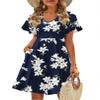 Zeagoo Navy Floral Women's 2026 Summer Trendy V Neck Swing Ruffle Short Sleeve A Line Swing Flowy Casual Mini Swing Beach Dress with Pockets Tshirt Dress Navy view 1