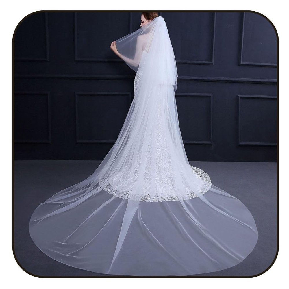 Flimire 118 Long Wedding Veils for Bride 2 Tiers Cathedral Length Bridal Veil Soft Tulle Metal Comb Simple Wedding Veils (White)