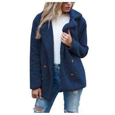 Womens Sherpa Jacket Trendy Lapel Collar Button Down Fuzzy Fleece Jacket Warm Teddy Bear Coat Casual Comfy Plush Outerwear Wool Jacket Vintage Sherpa Lined Pea Coat Soft Faux Fur Coat with Pockets