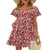 Zeagoo Women's Summer Casual 2026 Beach Dresses Suare Neck Swing Ruffle Short Sleeve Floral A-Line Swing Knee-Length Tunic Mini Cotton Dress Cruise Dresses Red view 1