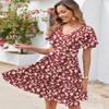 Zeagoo Women's Summer Casual 2026 Beach Dresses Suare Neck Swing Ruffle Short Sleeve Floral A-Line Swing Knee-Length Tunic Mini Cotton Dress Cruise Dresses Red view 2