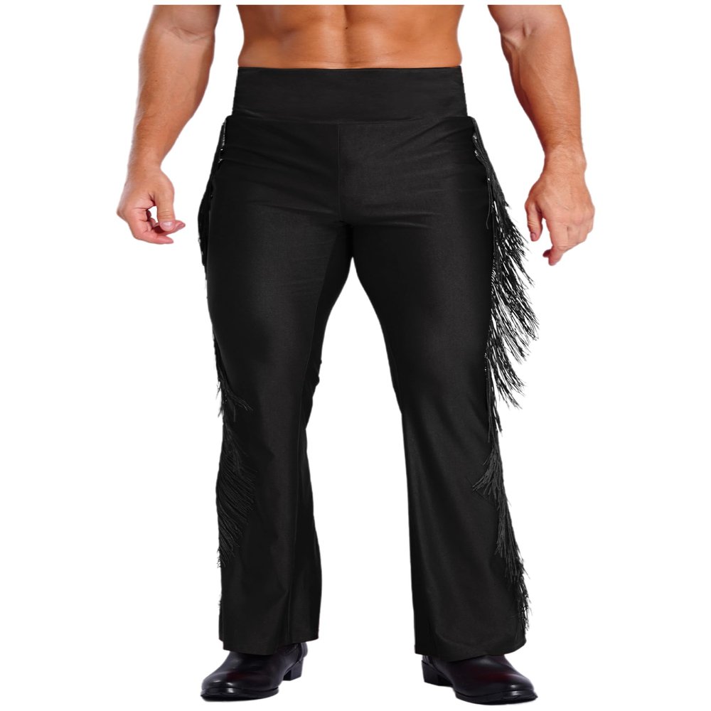 Sinleey Men High Waist Fringe Flared Pants Ballroom Dance Pants Modern Dance Pants Disco Trousers Black Large