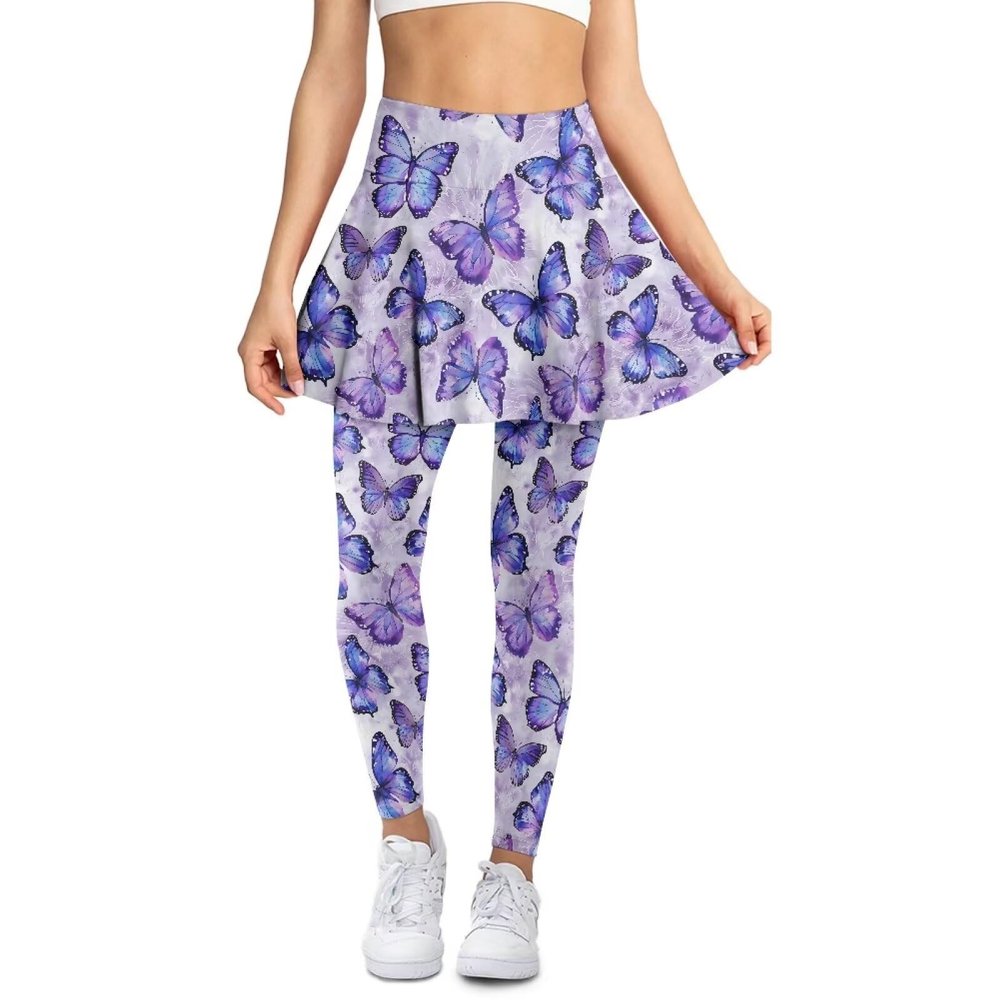 WHUVUMFY Athletic Skirt with Leggings for Women Butterfly Tennis Skirted Legging with Pocket Running Outdoor Workout Skorts Soft Yoga Pants