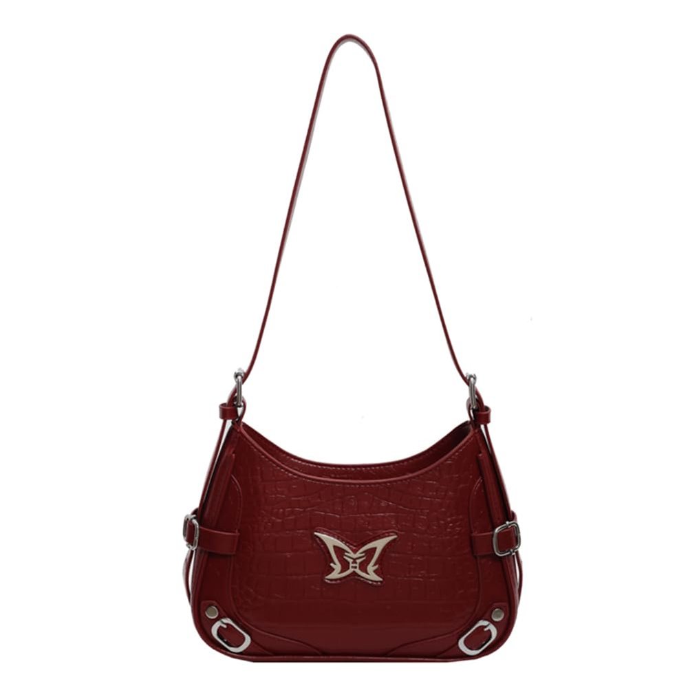 ALINUOYQ Y2K Shoulder Bag for Women Hobo Bag PU Leather Solid Crescent Bag Adjustable Strap Handbag for Travel Party Work (Wine Red)