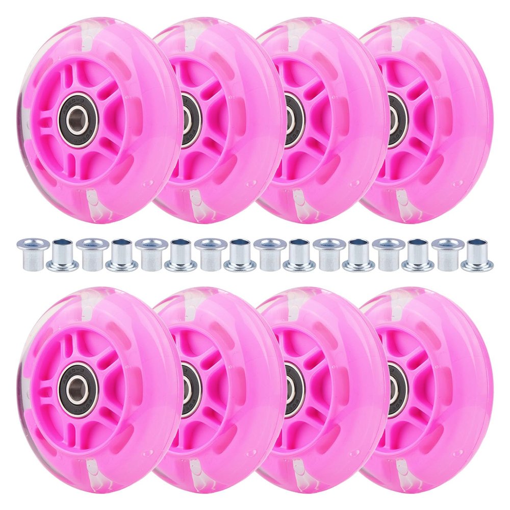 Wheelgoo 8pcs Inline Skate Wheels Led Light-Up Wheels 64/70/72/76/80mm w/Bushings 85-88A for Kids and Youth Beginners Children's Inline Skates Indoor/Outdoor Use (Pink, 80mm)