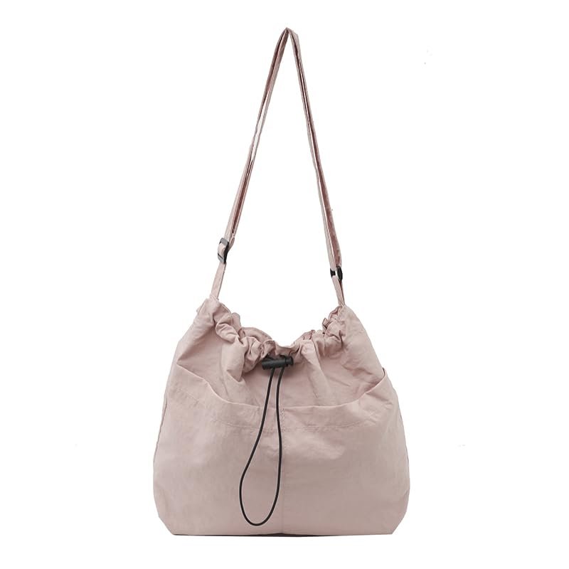 ALINUOYQ Women Stylish Crossbody Bag Large Capacity Nylon Drawstring Bucket Bag Lightweight Commuting Bag Adjustable Strap Multi-pockets for Outdoor Travel (Pink)