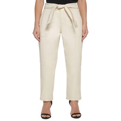 DKNY Women's Faux Leather Pull On Tie Waist Pants Buttercream 4