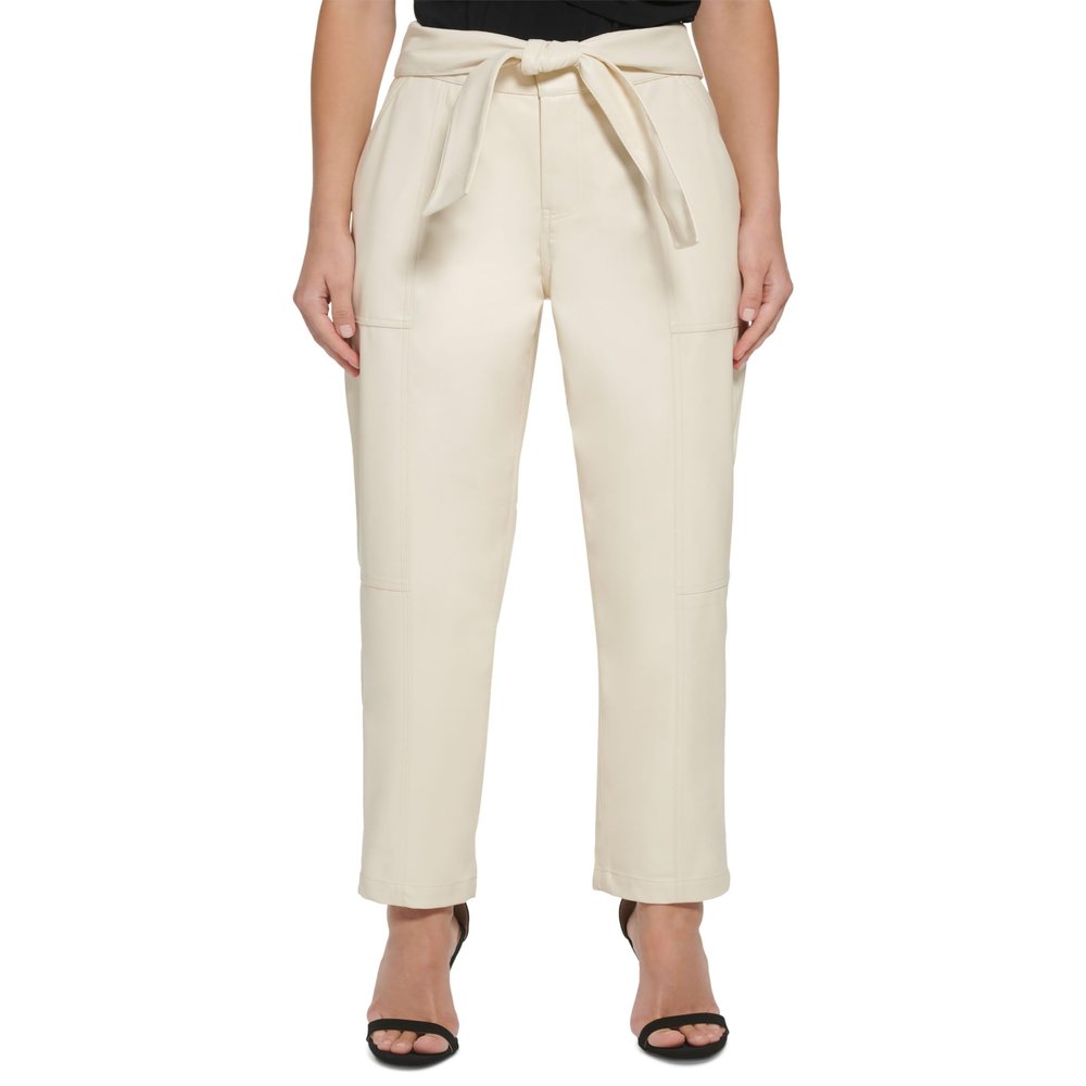DKNY Women's Faux Leather Pull On Tie Waist Pants Buttercream 4