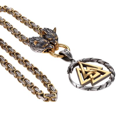 OIDEA Viking Necklace for Men: Stainless Steel Vintage Wolf Head King Chain with Valknut Pendant Necklace Amulet Jewelry Gifts, Chain Length 24", Silvergold