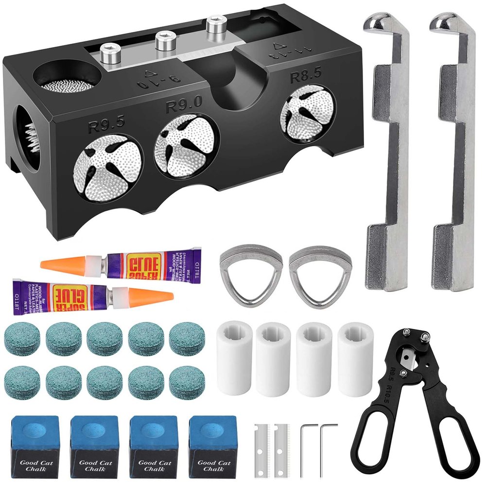11-in-1 Pool Cue Tip Shaper, 25 pcs Pool Cue Tips Replacement Kit, Pool Cue Tip Tool, 10 Cue Tips 4 Ferrules 2 Chalk Cubes 2 Cue Tip Clamps Professional Cue Stick Tool Kit for Billiards Enthusiastsm