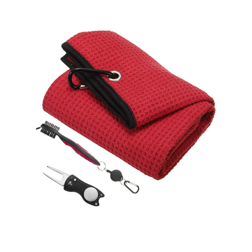PATIKIL 24"x16" Golf Towels Golf Microfiber Waffle Pattern Towel Set Club Groove Cleaner Brush Foldable Divot Tool with Magnetic Ball Marker for Men Women, Red Towel