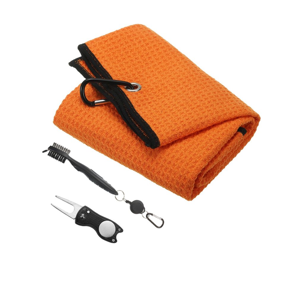 PATIKIL 24"x16" Golf Towels Golf Microfiber Waffle Pattern Towel Set Club Groove Cleaner Brush Foldable Divot Tool with Magnetic Ball Marker for Men Women, Orange Towel