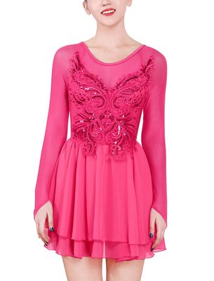 ODASDO Figure Skating Dress for Women Ice Skating Costumes Teenager Girls Mesh Long Sleeve Criss Cross Back Sparkly Sequin Chiffon Skirted Leotard Gymnastics Competition Ballet Dancewear Hot Pink M