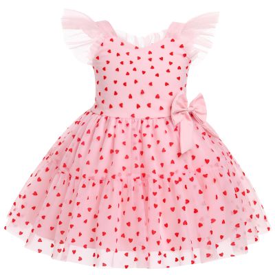 ABEHIK Valentine's Day Toddler Girls Hearts Print Dresses Shiny Tulle Princess Flutter Sleeve Birthday Party Midi Dresses Easter Day Cake Smash Photo Shoot Outfit Pink Heart 2-3 Years