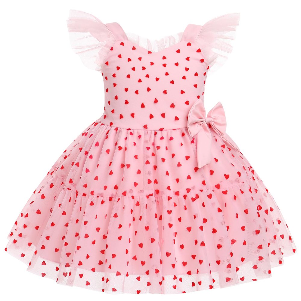 ABEHIK Valentine's Day Toddler Girls Hearts Print Dresses Shiny Tulle Princess Flutter Sleeve Birthday Party Midi Dresses Easter Day Cake Smash Photo Shoot Outfit Pink Heart 2-3 Years