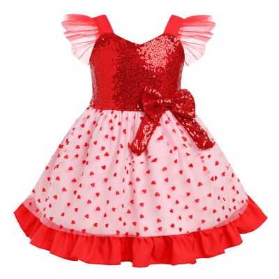 ABEHIK Kid Girls Heart Sequin Dress Valentine's Day Dresses Shiny Tulle Princess Flutter Sleeve Birthday Party Midi Dresses Easter Day Cake Smash Photo Shoot Outfit Red 18-24 Months