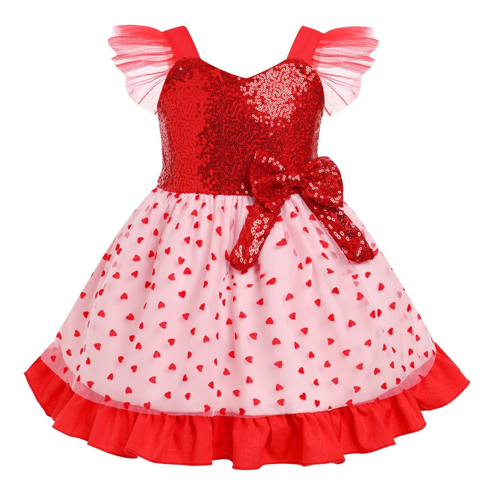 ABEHIK Kid Girls Heart Sequin Dress Valentine's Day Dresses Shiny Tulle Princess Flutter Sleeve Birthday Party Midi Dresses Easter Day Cake Smash Photo Shoot Outfit Red 18-24 Months