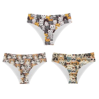 Mumeson Cartoon Cat Women's Underwear Hipster Panties 3 Pieces Set Polyester Seamless No Show Line Panties with Cat Design