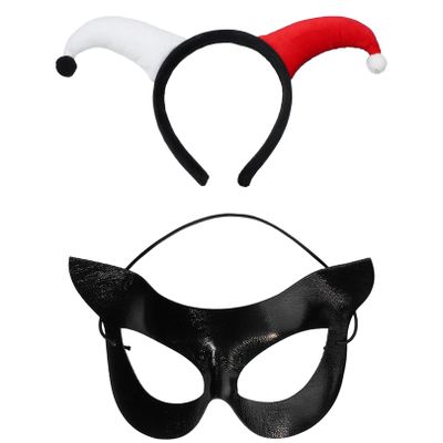FEESHOW Mardi Gras Jester Headband Cocked Horn Clown Hairband with Mask and Gloves for Hallween Cosplay Dress up Type F One Size